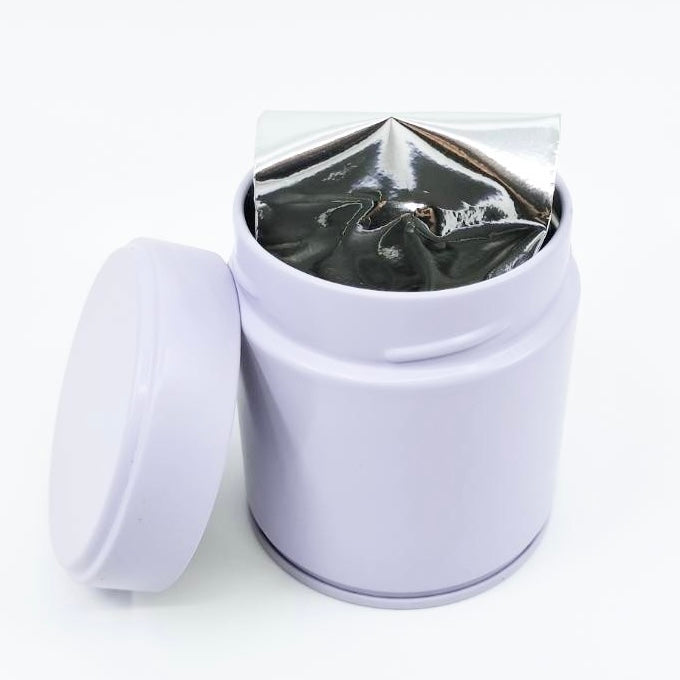 Lavender tea tin with foil-sealed Japanese tea leaves, premium loose leaf storage