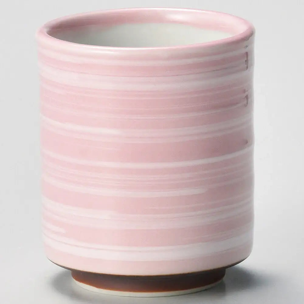 Pink and white striped ceramic tea cup with brown base, handcrafted Japanese teaware