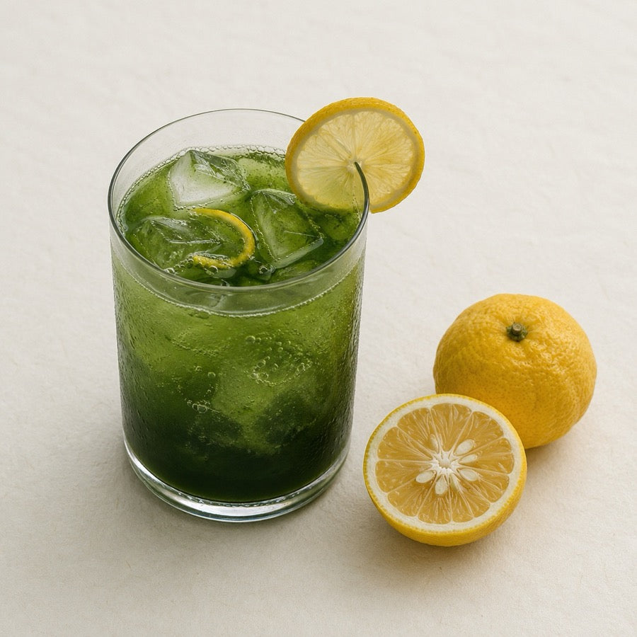 Yuzu flavored Uji matcha powder with fresh yuzu